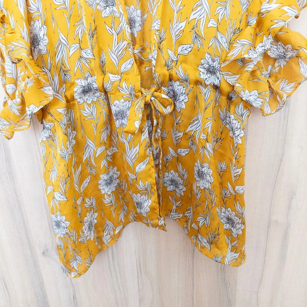 Womens‎ Floral Kimono Coverup One Size Yellow Ruffle Tie Waist Boho Romantic